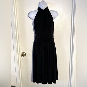 Sleeveless rushed waist knee length jersey black dress